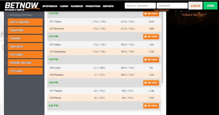 A snapshot of BetNow, one of our top rated Colorado sports betting sites.
